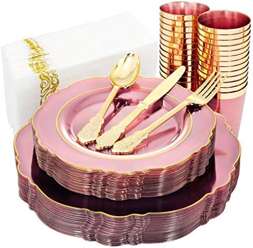 KIRE 30 Guest Clear Pink Plastic Plates with Gold Rim